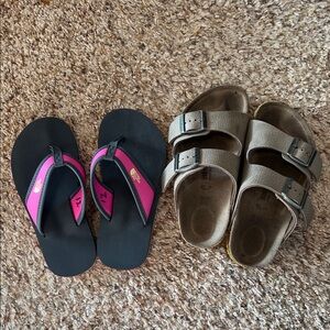 Girls Birkenstock and North Face sandals